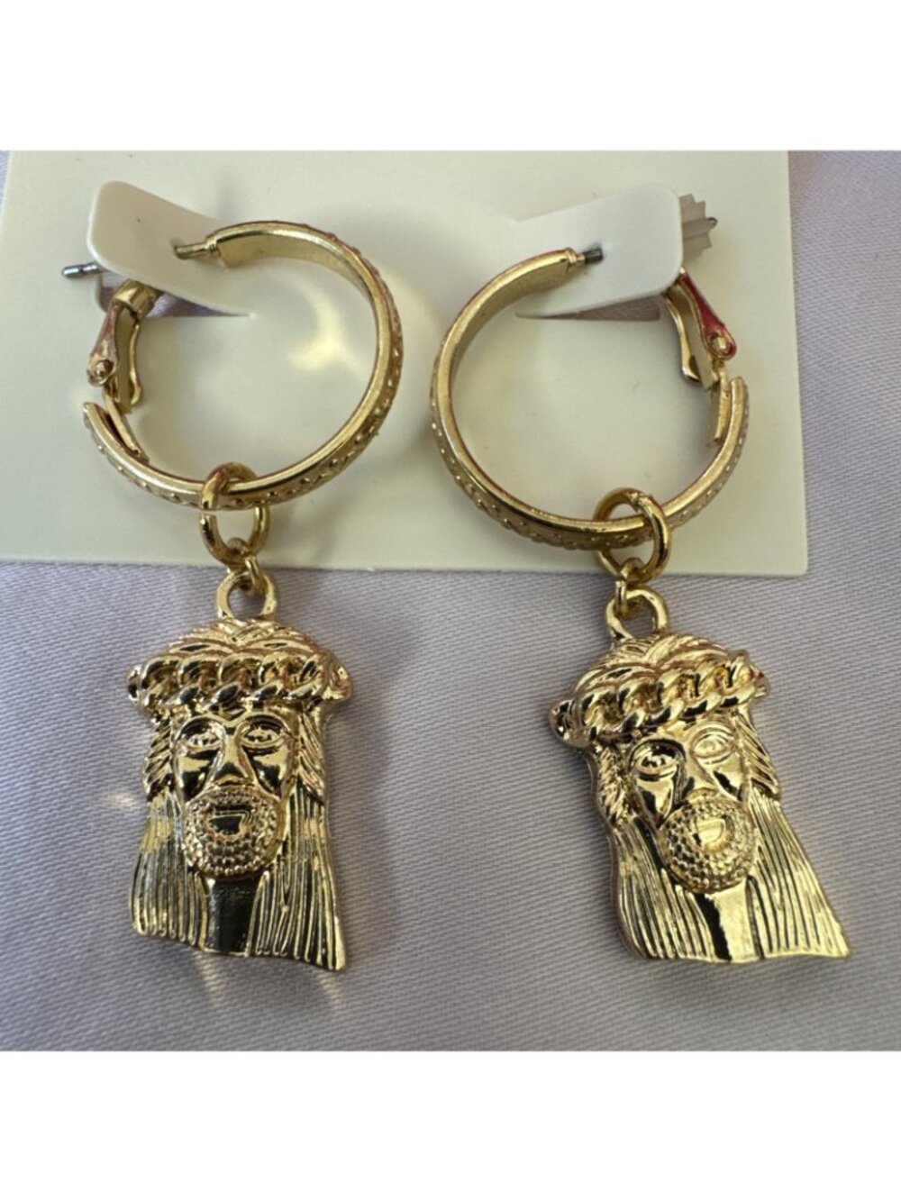 Jennifer & Company Jesus Hoops Gold Tone Earrings Dangle Drop Christian NWT
